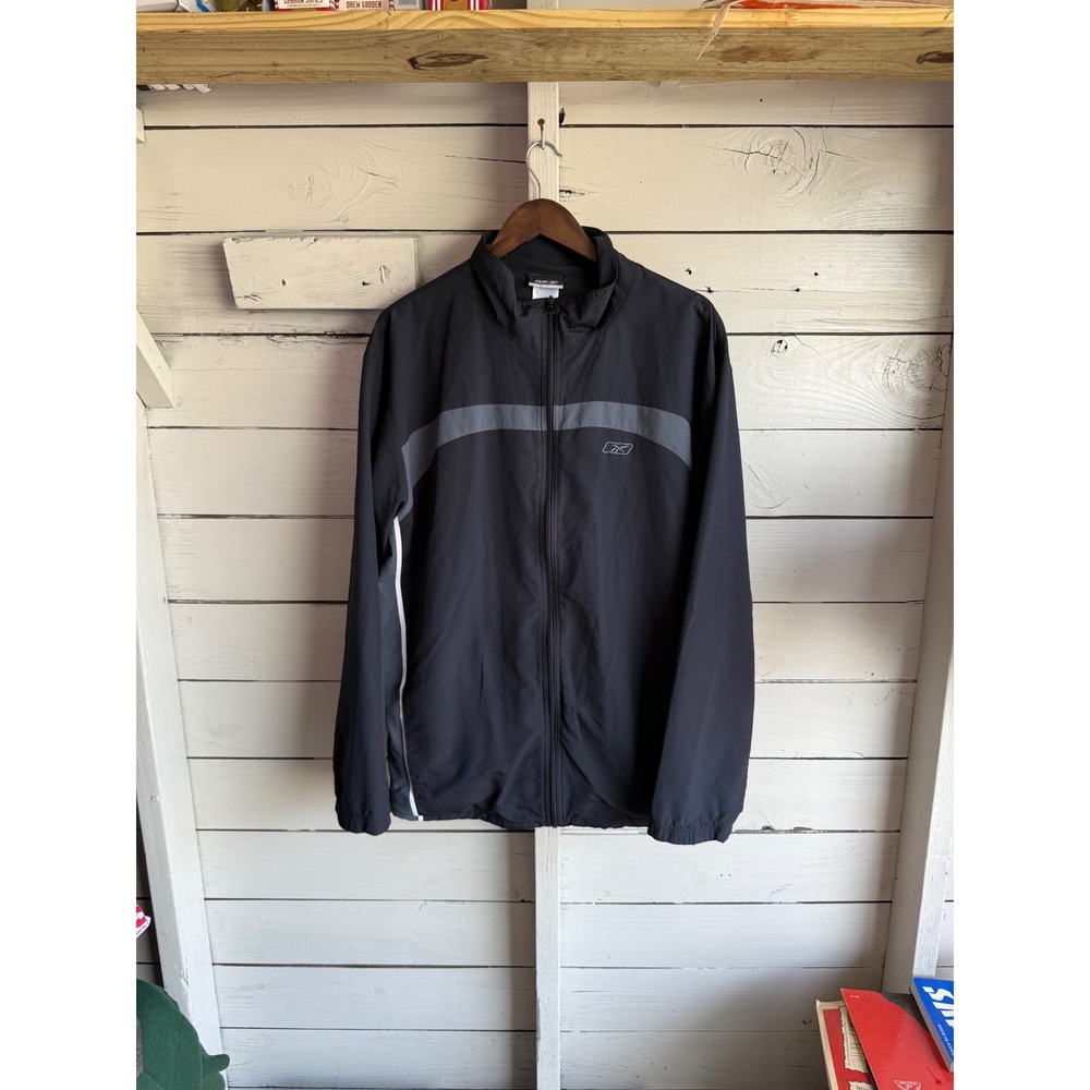 Reebok Mens Track Jacket Black Grey Full Zip Lined Windbreaker Size 2XL